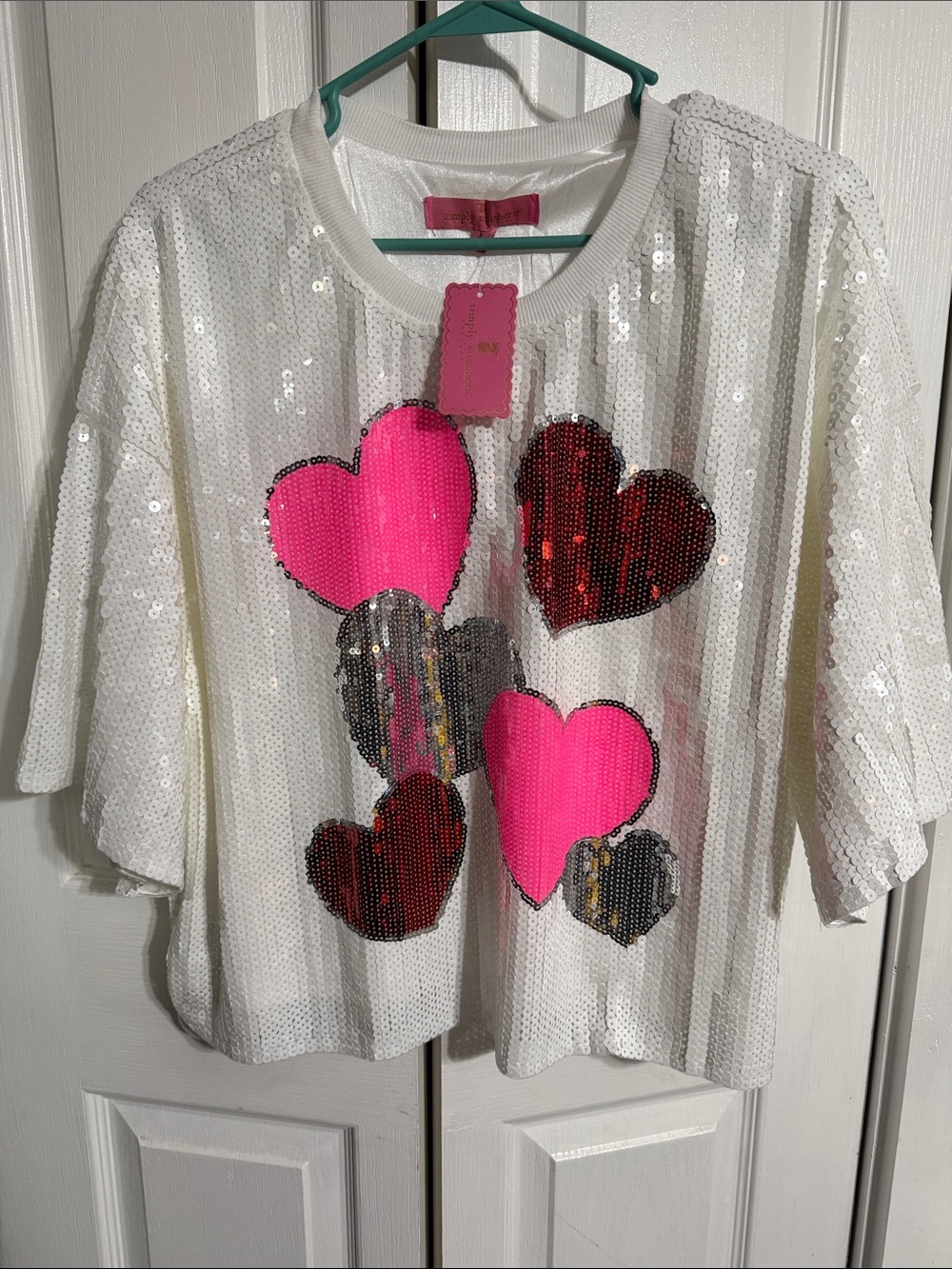 Simply Southern White Sequin T-Shirt with Pink, Silver and Red Hearts